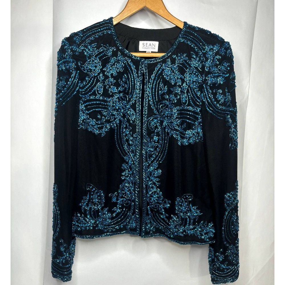 Sean Collection Silk Sequin Beaded Formal Jacket Womens Black Designer Luxury